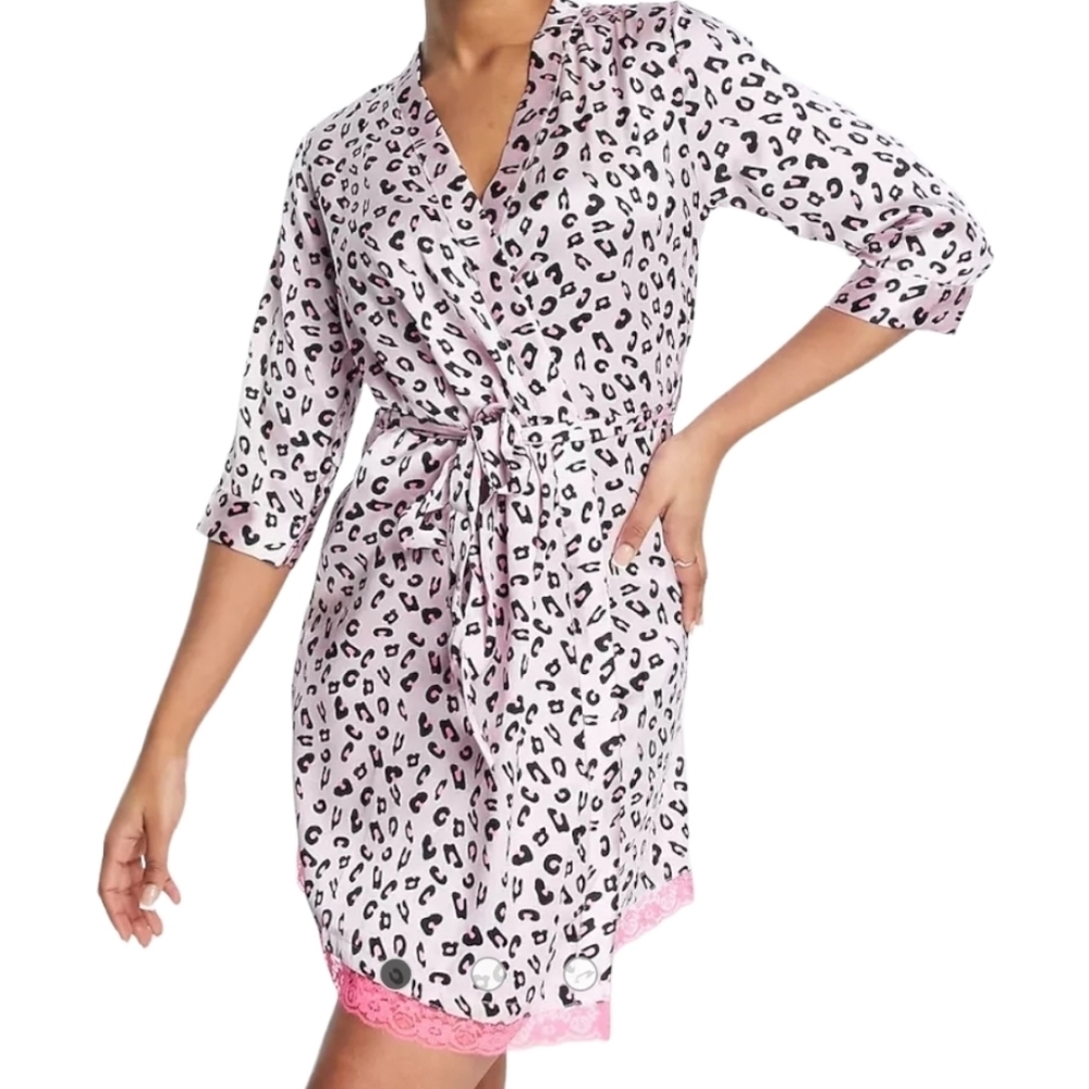 Brave Soul Pink Leopard Satin Lace Trim Robe Dressing Gown Size S